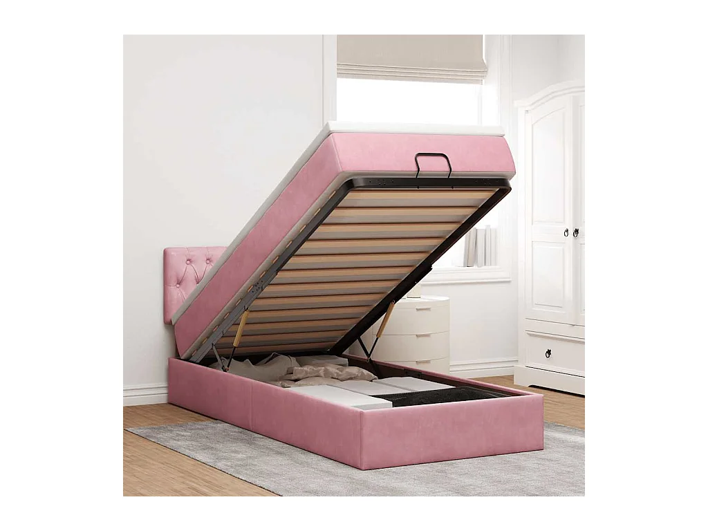 Cadre de lit ottoman avec matelas rose 90x200 cm velours
