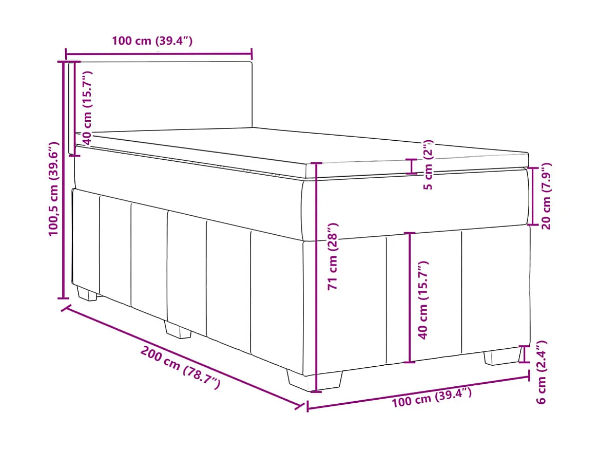 Cama box spring con colchón tela azul 100x200 cm