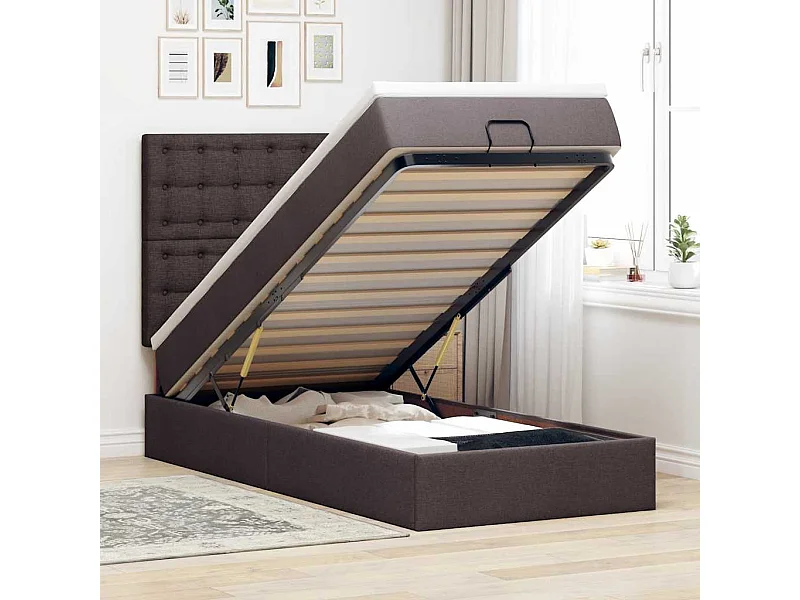 Cama otomana con colchón y LED tela marrón oscuro 90x200 cm