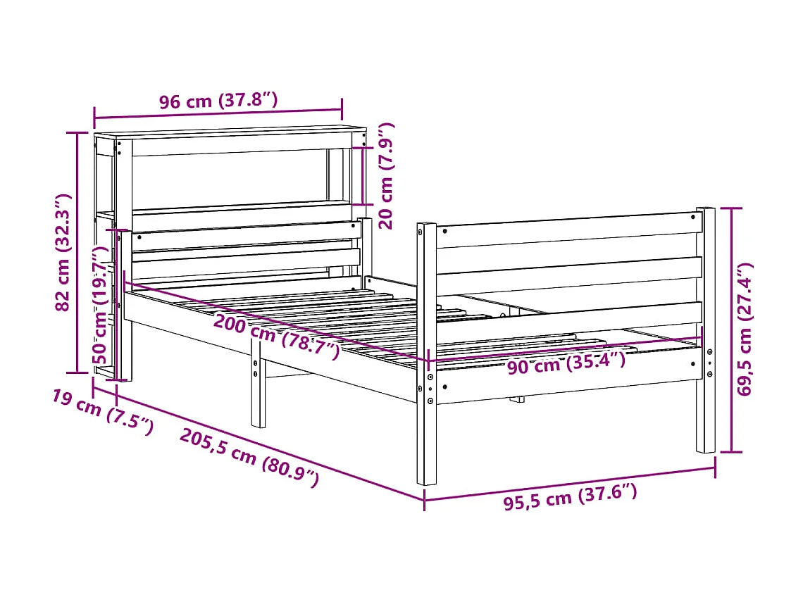 Bedframe met hoofdbord massief grenenhout 90x200 cm