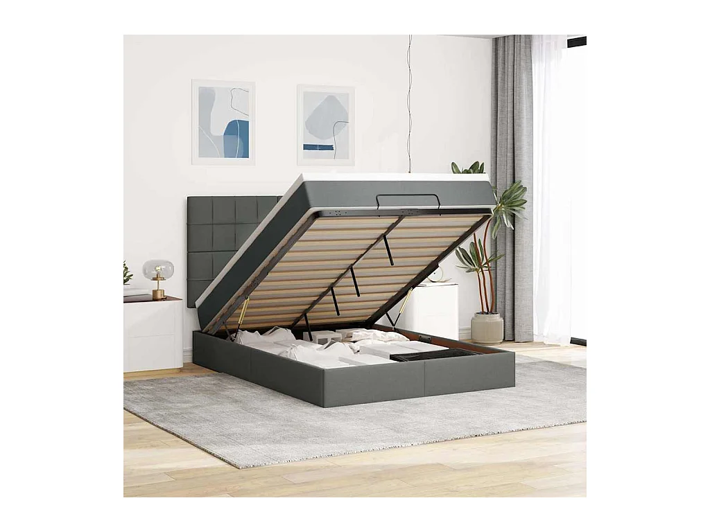 Cadre de lit ottoman avec matelas gris foncé 140x190 cm tissu