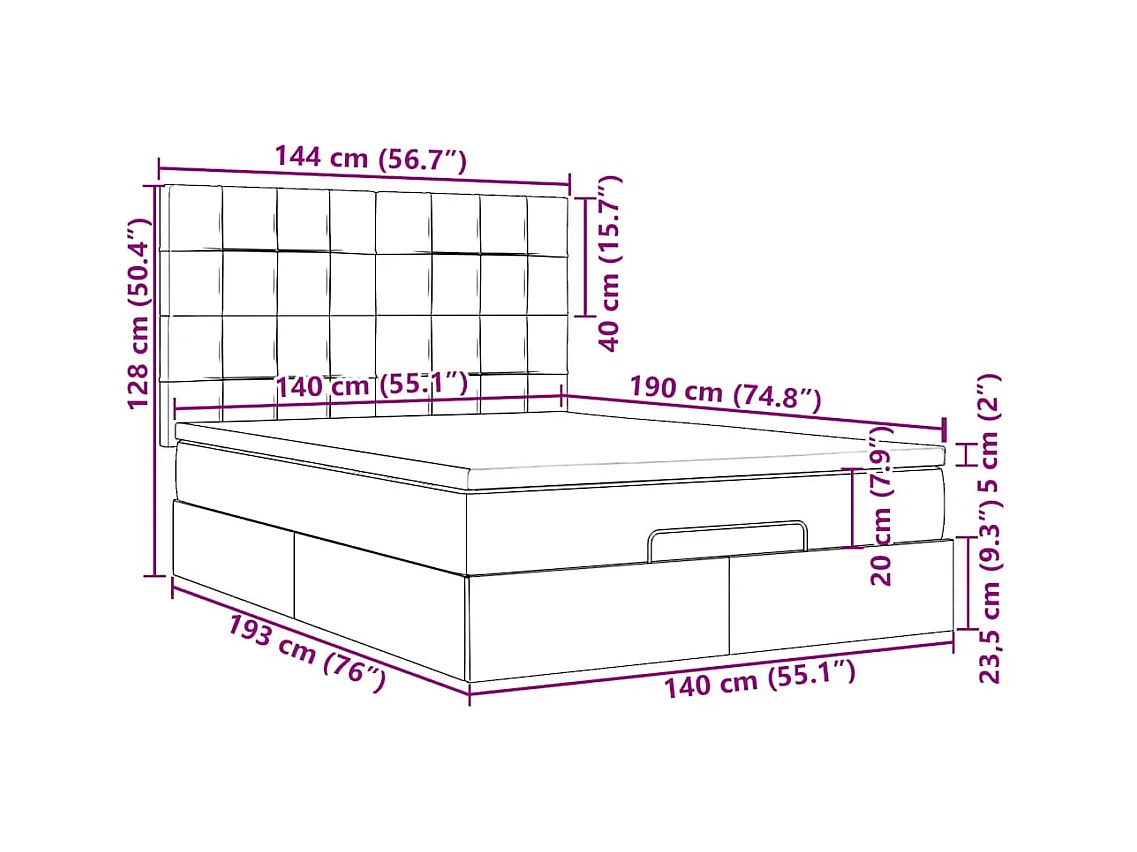 Cadre de lit ottoman avec matelas gris foncé 140x190 cm tissu