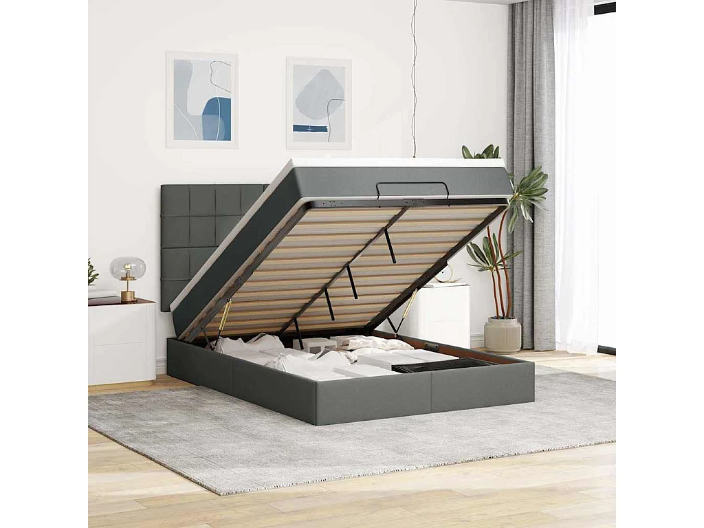 Estructura cama otomana colchón tela gris oscuro 140x190cm