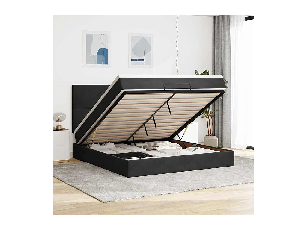 Cadre de lit ottoman avec matelas noir 180x200cm velours