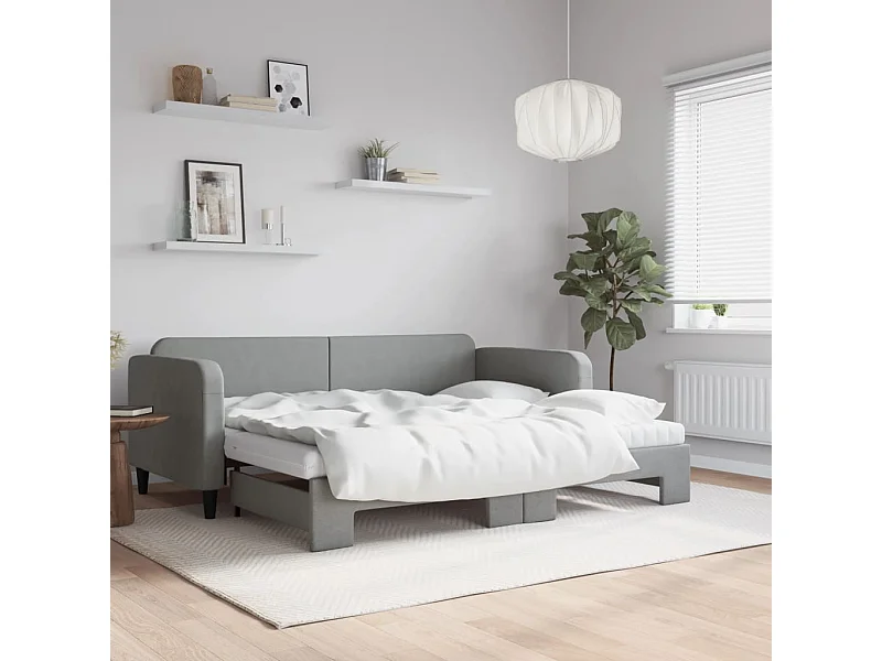 Tagesbett Ausziehbar mit Matratze Hellgrau 90x190 cm Stoff