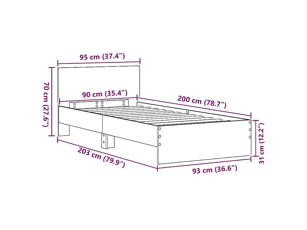 Struttura letto con testata Rovere Nero 90 x 200 cm