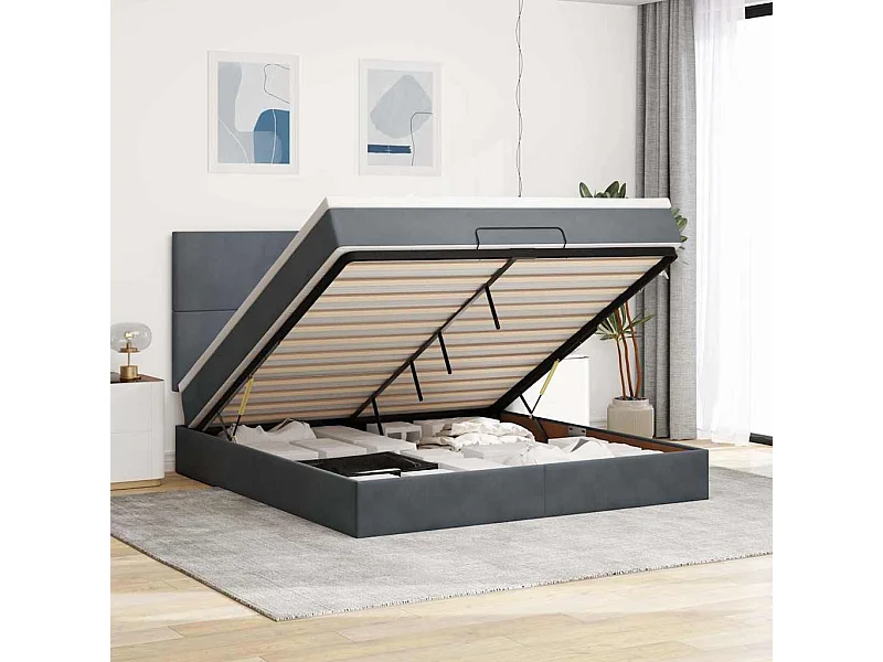 Cadre de lit ottoman avec matelas gris foncé 180x200cm velours
