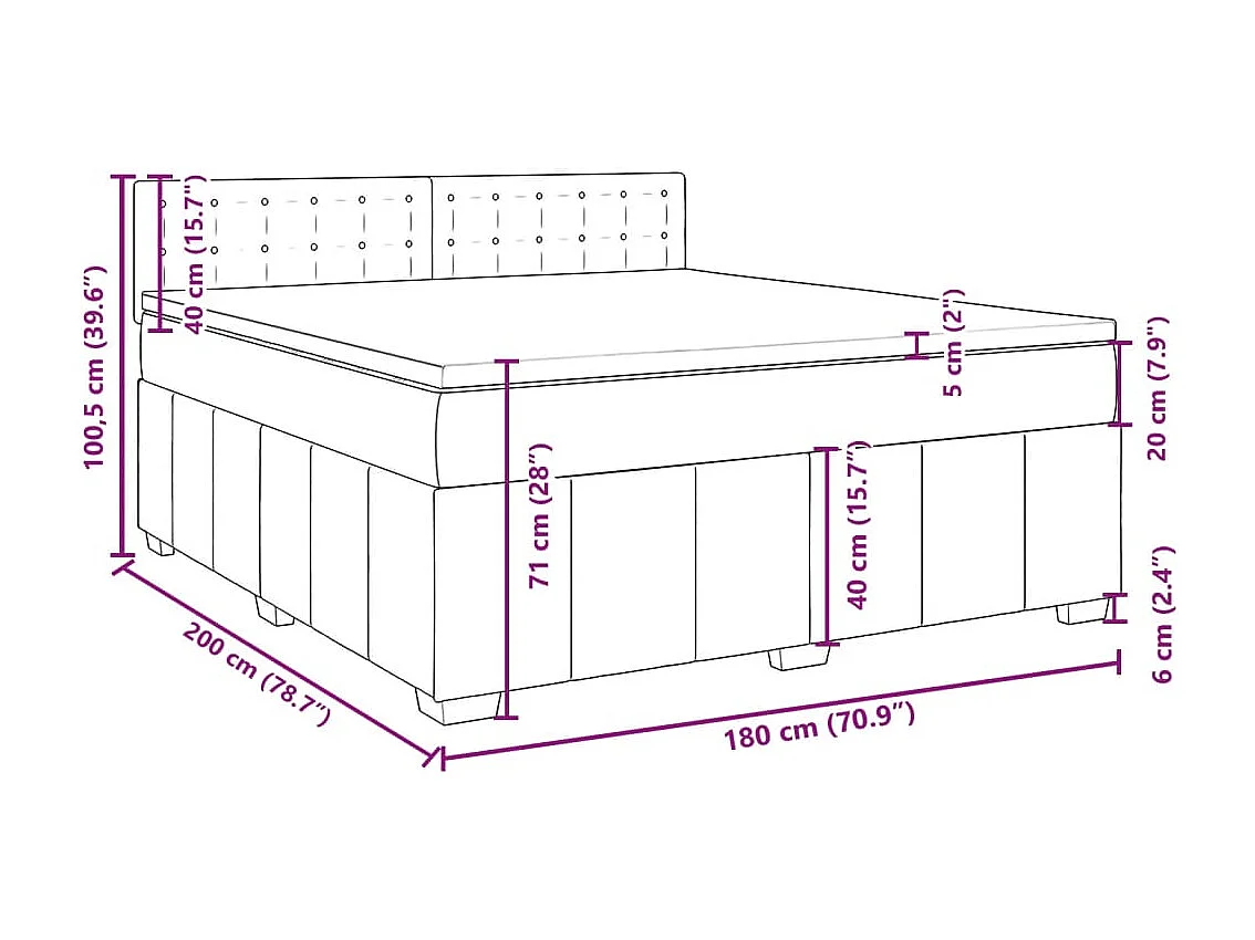 Cama box spring con colchón tela azul 180x200 cm