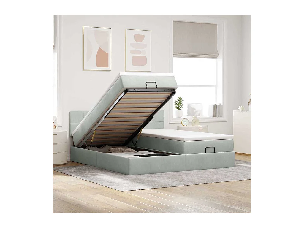 Estructura cama otomana colchones terciopelo gris claro