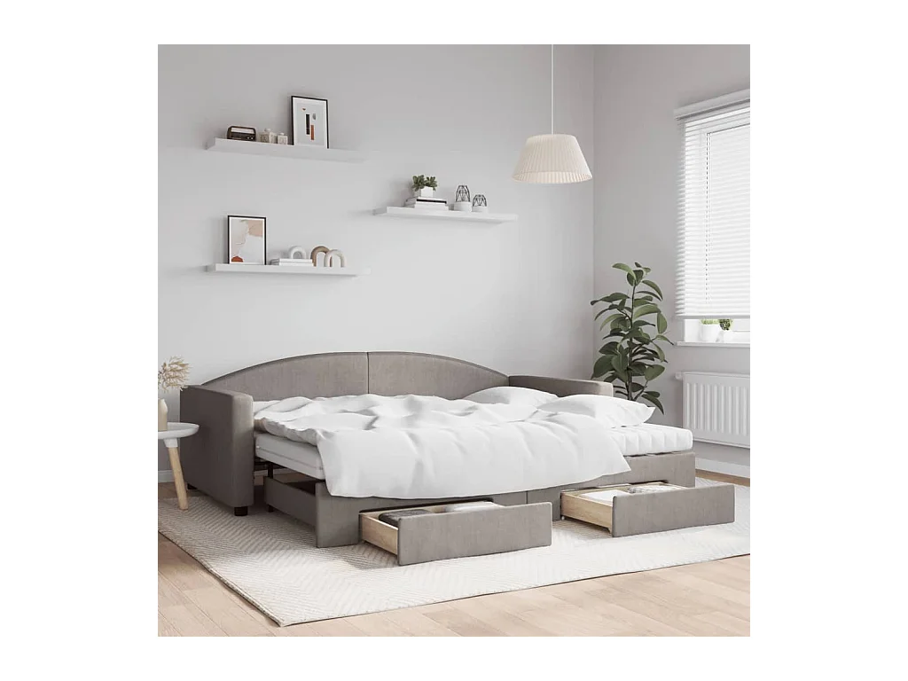 Lit de jour avec gigogne et tiroirs taupe 90x200 cm tissu