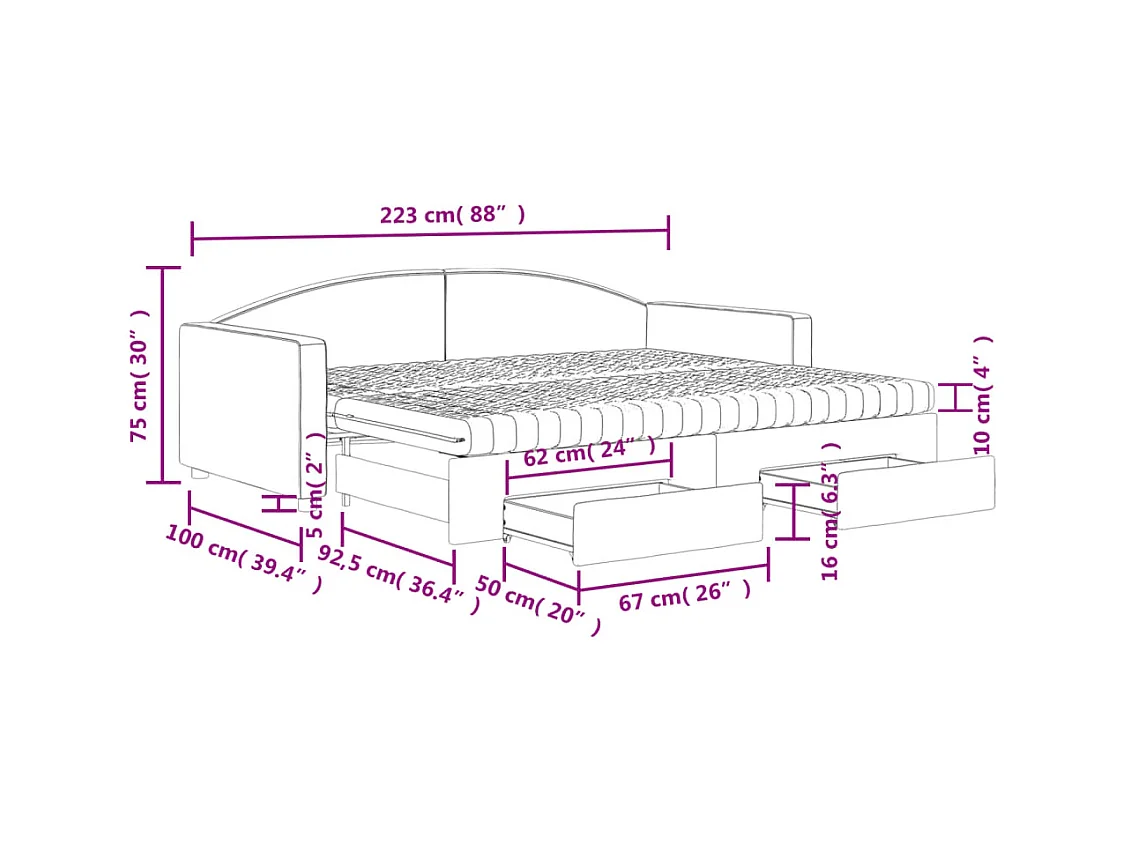 Lit de jour avec gigogne et tiroirs taupe 90x200 cm tissu
