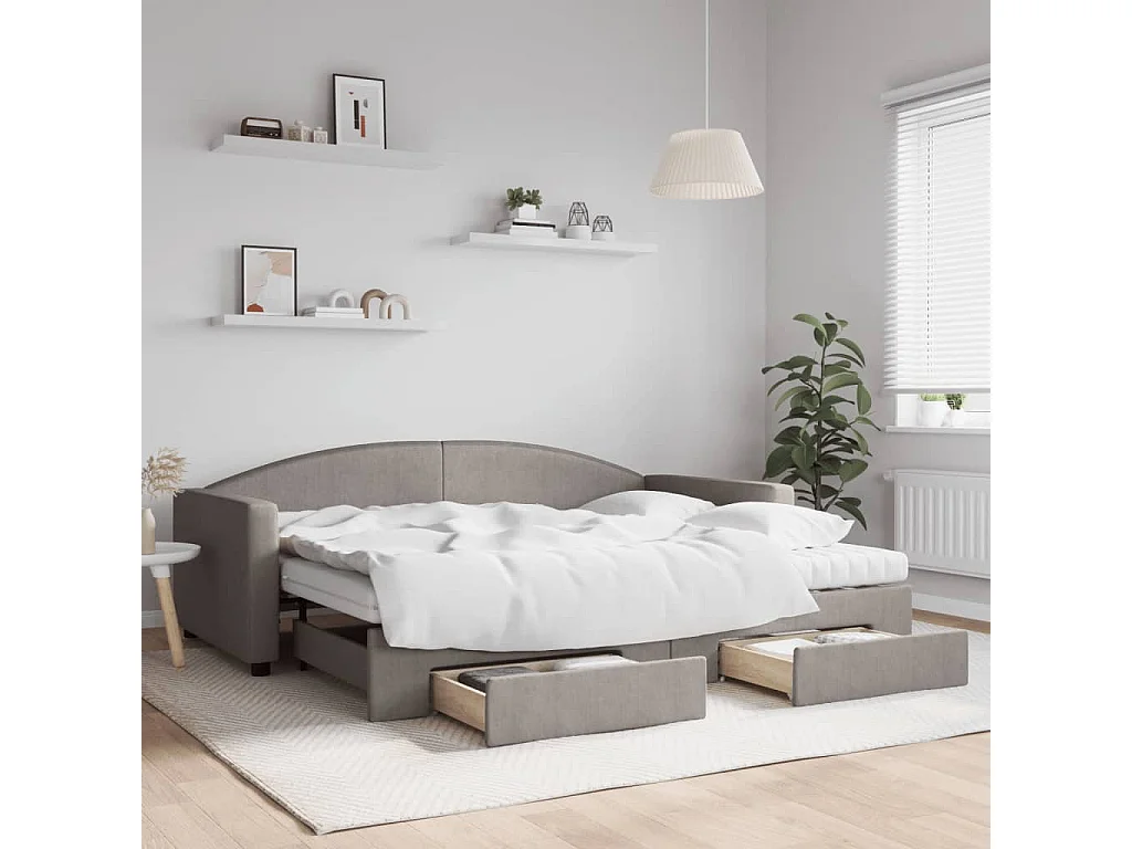 Tagesbett Ausziehbar mit Schubladen Taupe 90x200 cm Stoff