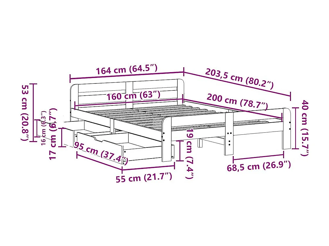 Cadre de lit sans matelas cire marron 160x200cm bois pin massif