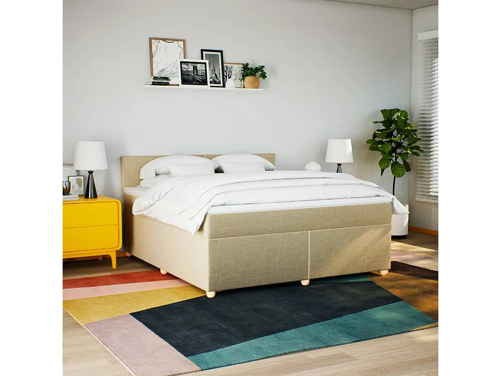 Cama box spring con colchón tela color crema 180x200 cm