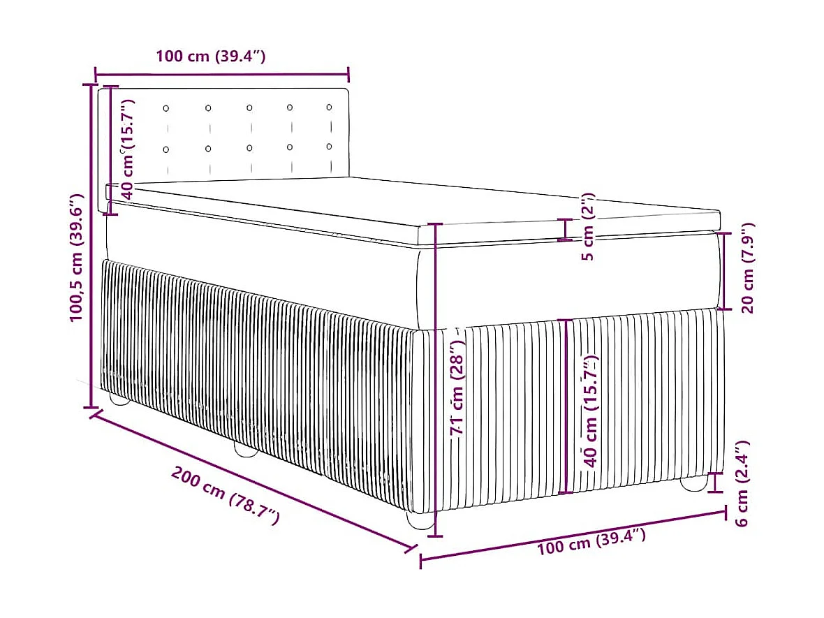 Cama box spring con colchón tela gris claro 100x200 cm