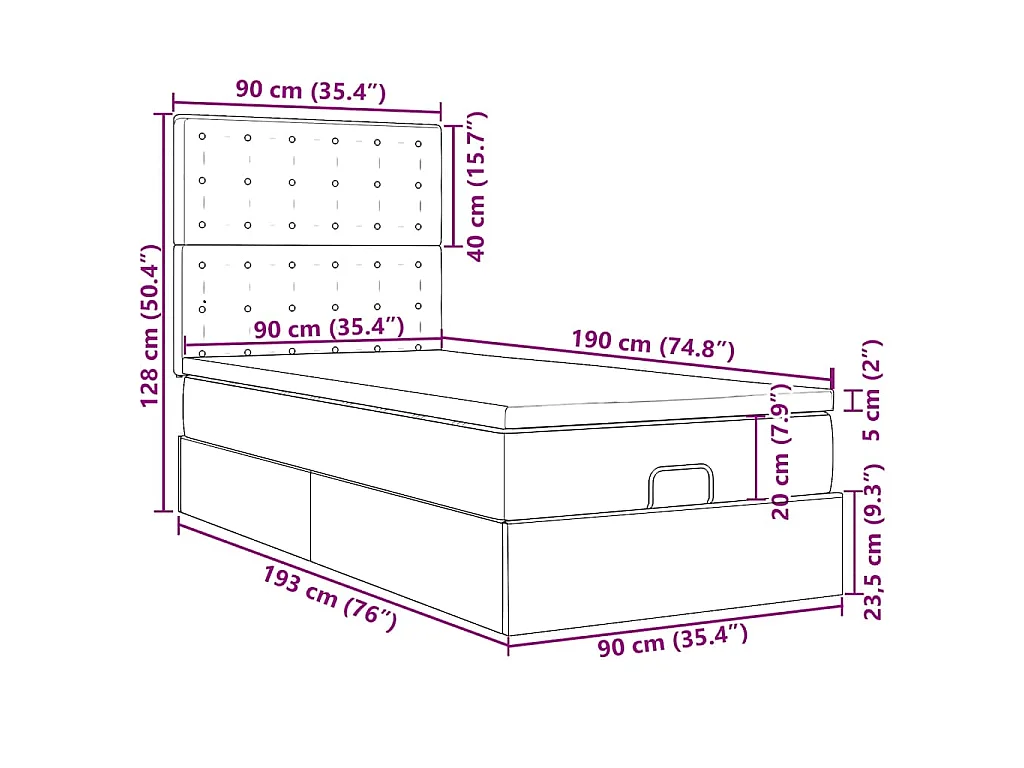 Estrutura cama otomana colchão 90x190 cm tecido cinzento escuro