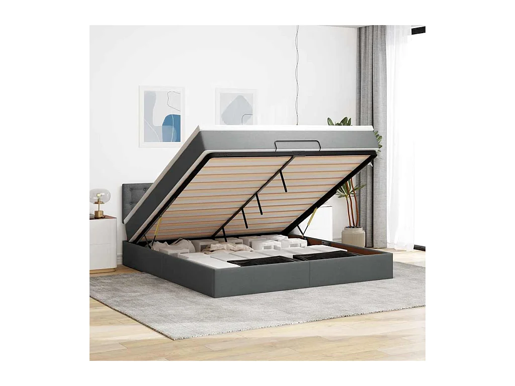 Lit ottoman avec matelas et LED Gris foncé 180x200 cm tissu