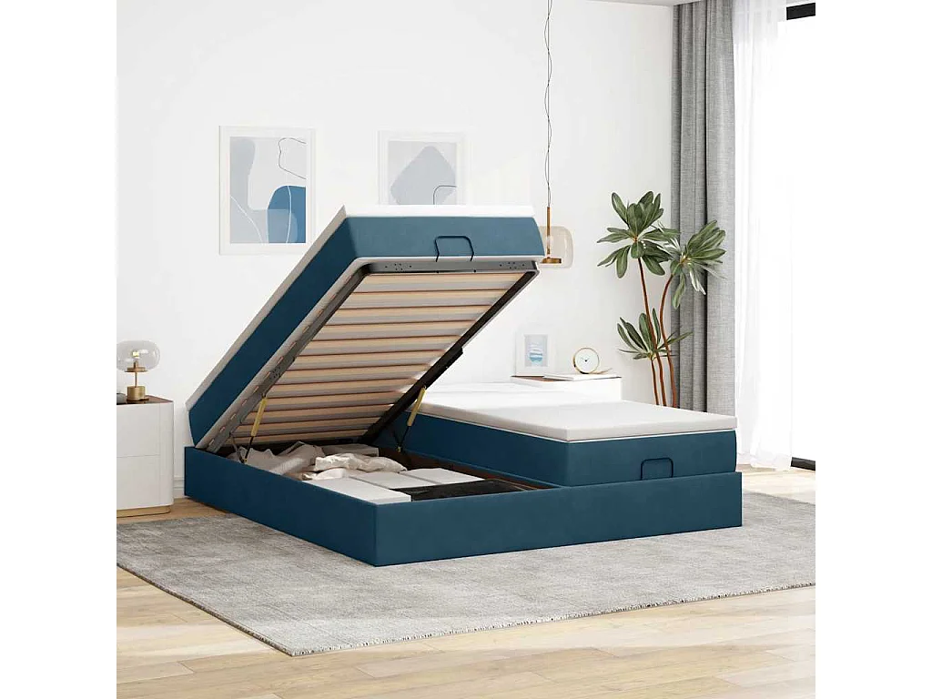 Cadre de lit ottoman avec matelas bleu foncé 180x200 cm velours