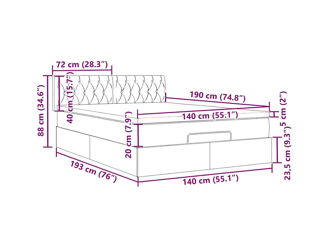 Lit ottoman avec matelas gris foncé 140x190 cm tissu