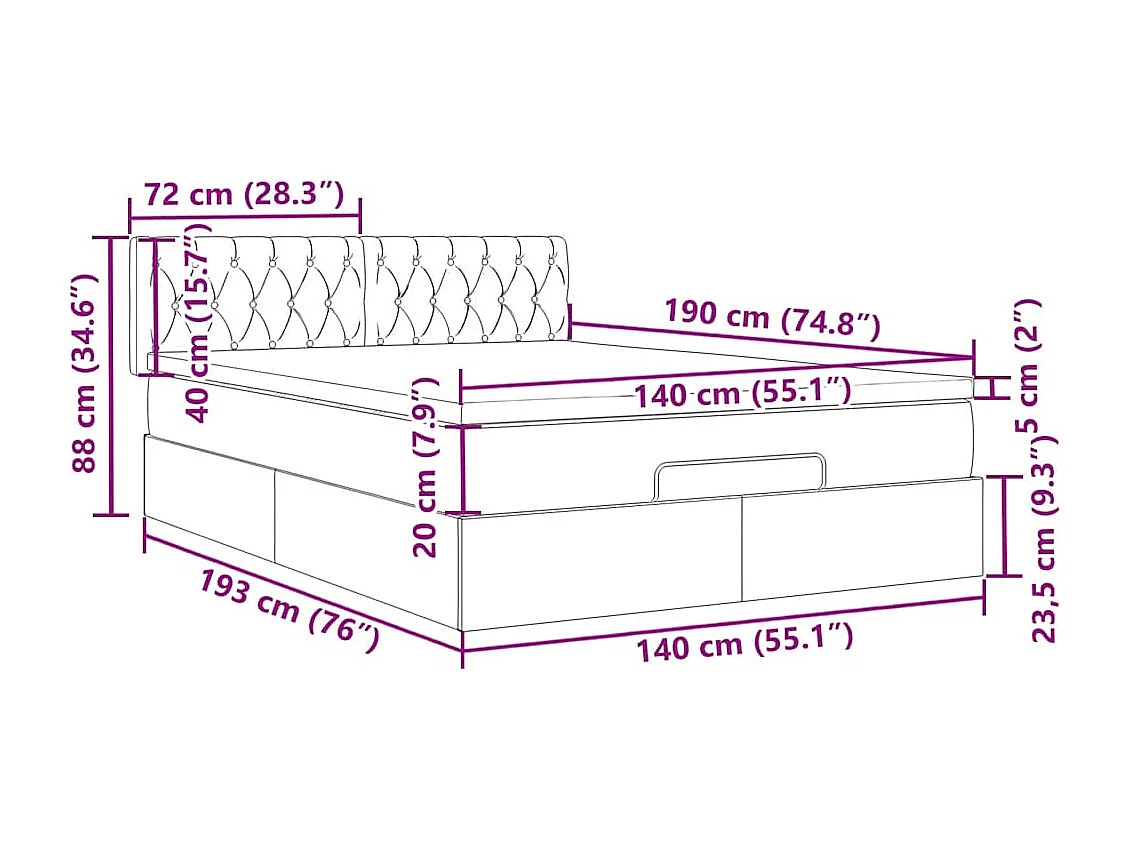 Lit ottoman avec matelas gris foncé 140x190 cm tissu
