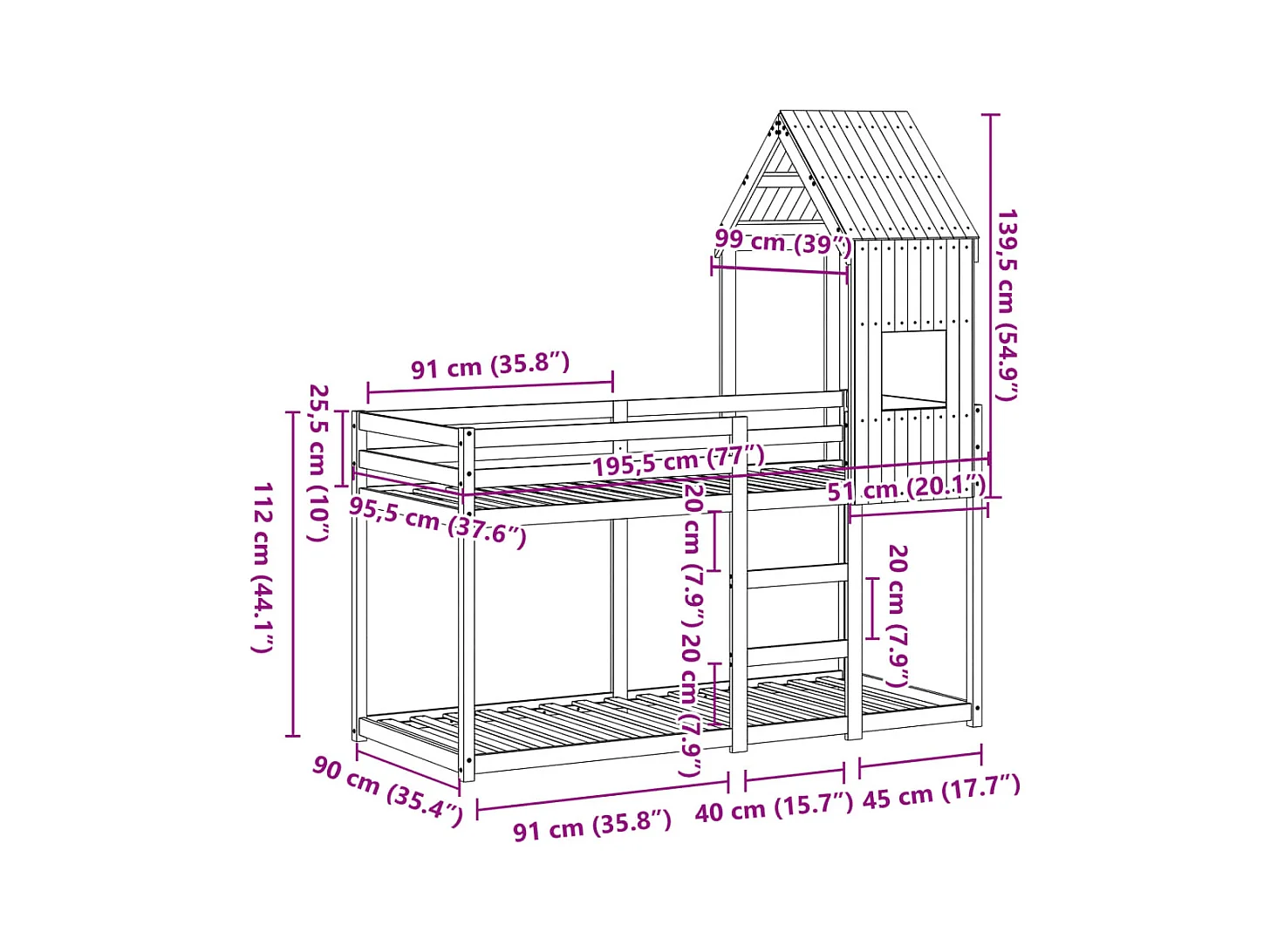 Letto a Castello senza Materasso 90x190 cm Legno di Pino