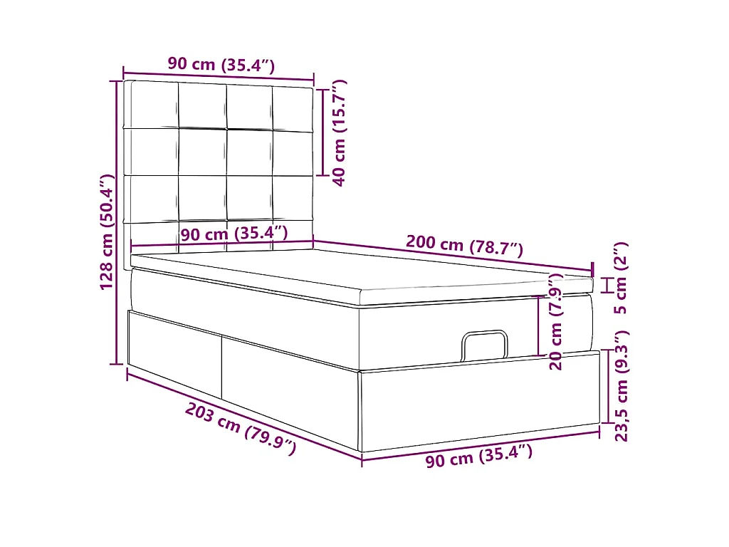 Cama otomana com colchão & LEDs 90x200cm tecido castanho escuro