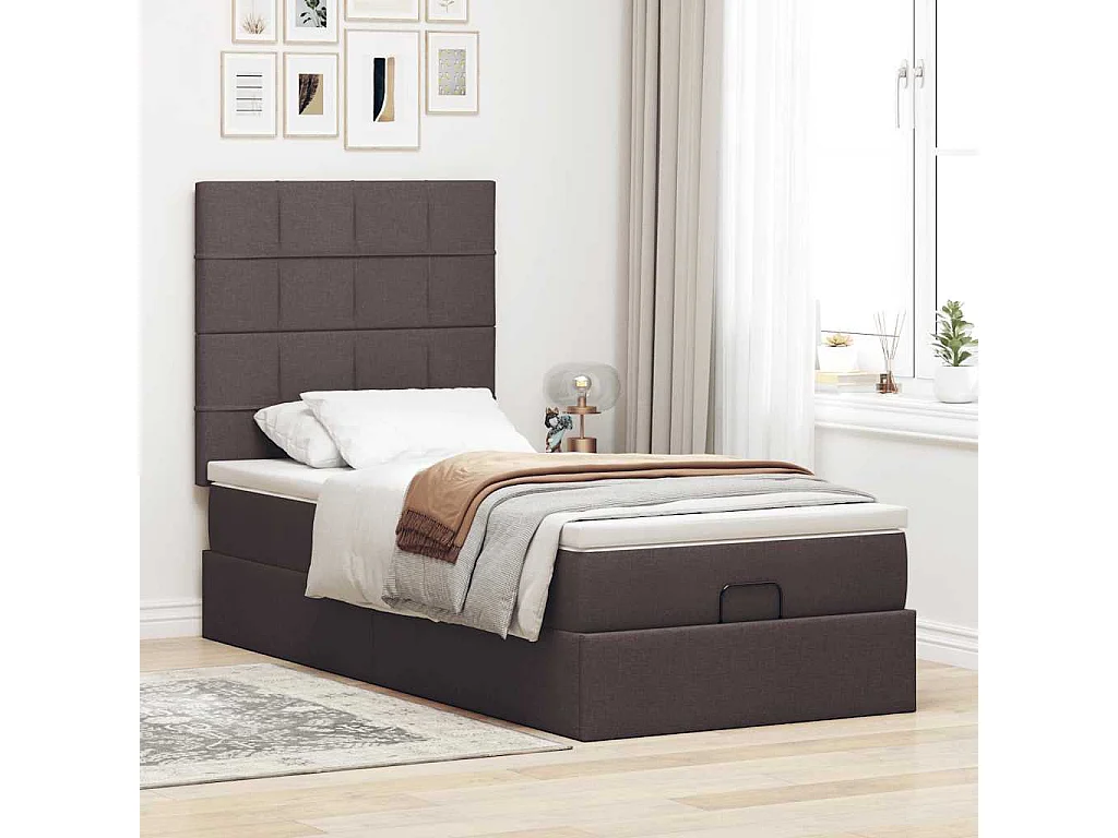 Cama otomana com colchão & LEDs 90x200cm tecido castanho escuro