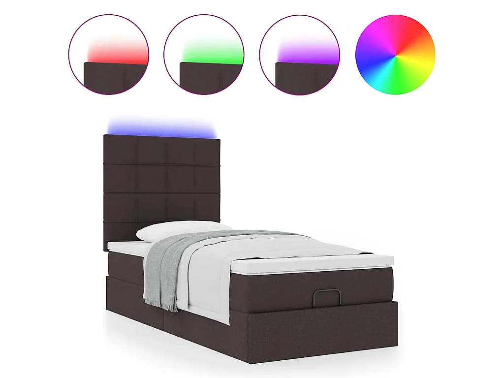 Cama otomana com colchão & LEDs 90x200cm tecido castanho escuro