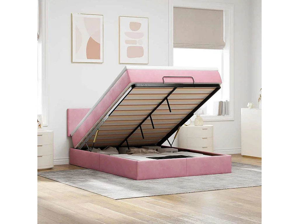 Struttura Letto Pouf con Materasso Rosa 140x190 cm in Velluto