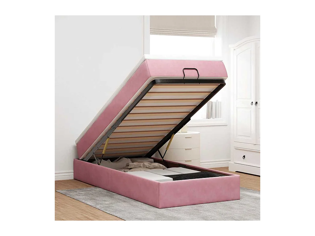 Cadre de lit ottoman avec matelas rose 90x190 cm velours