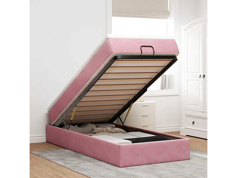 Cadre de lit ottoman avec matelas rose 90x190 cm velours