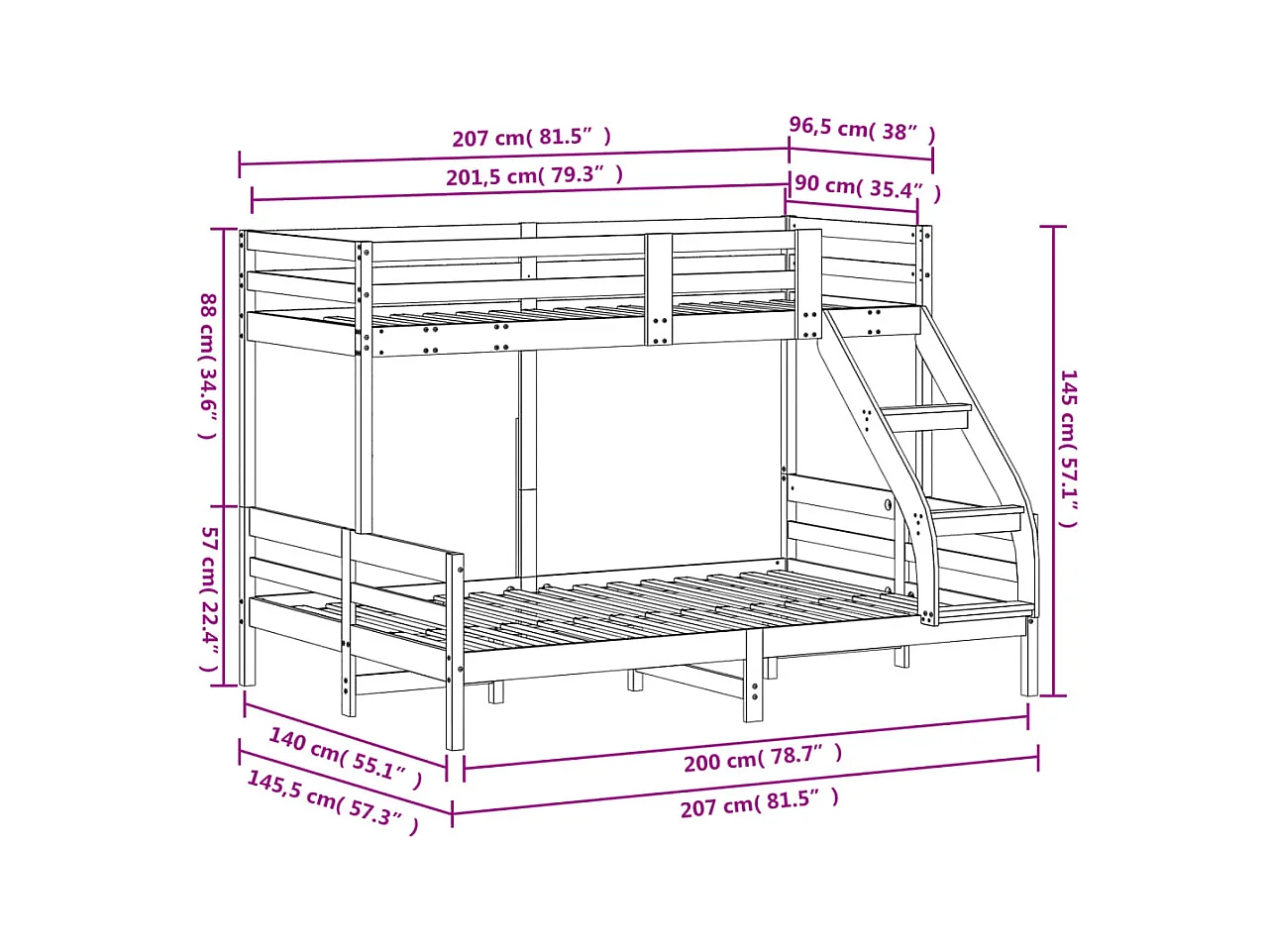 Etagenbett 90x200/140x200 cm Wachsbraun Massivholz Kiefer