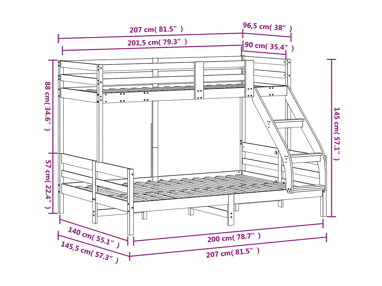 Lit superposé sans matelas 90x200/140x200 cm bois massif