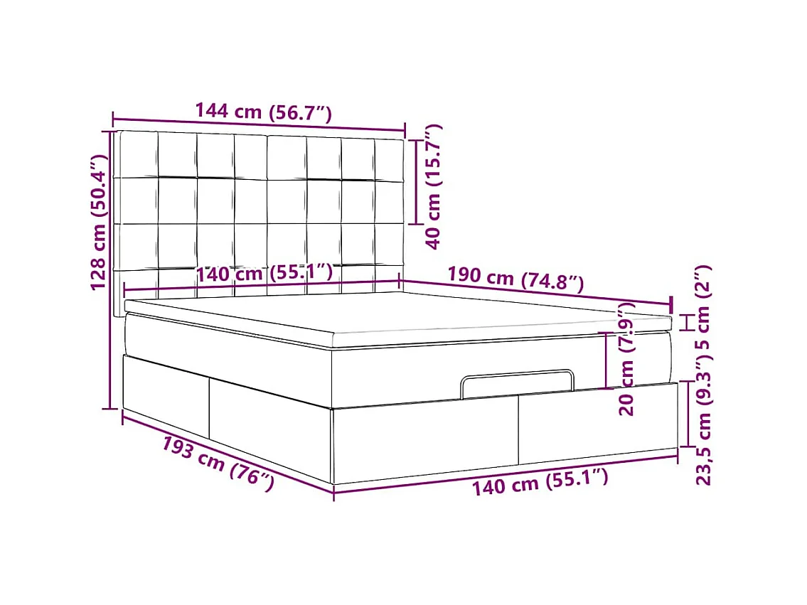 Cadre de lit ottoman avec matelas gris foncé 140x190 cm velours