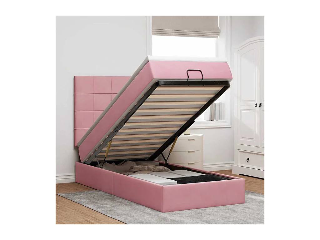 Cadre de lit ottoman avec matelas rose 100x200 cm velours