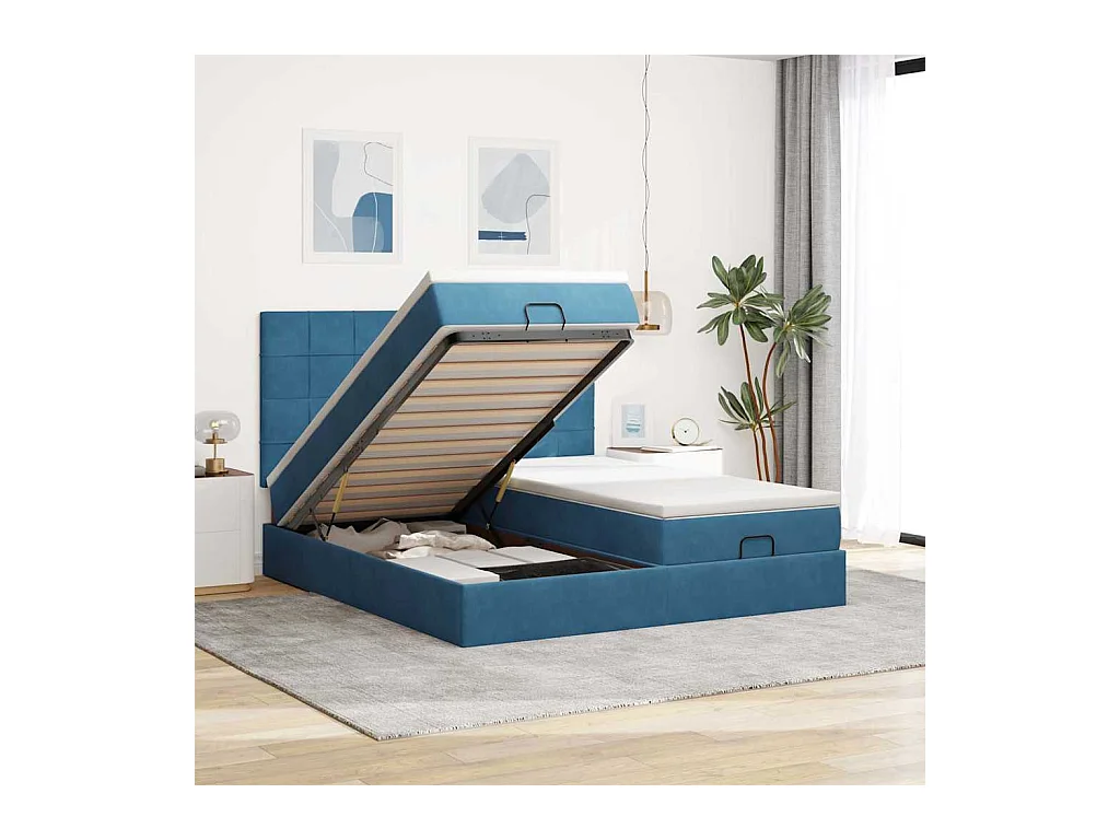 Estrutura de cama otomana com colchão azul escuro veludo