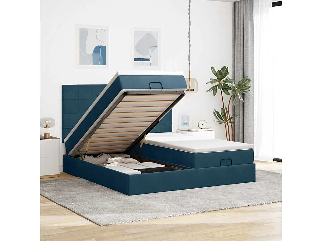 Cadre de lit ottoman avec matelas bleu foncé 160x200 cm velours