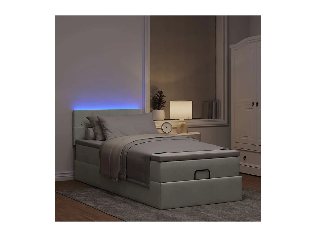 Ottoman-Bett mit Matratze & LEDs Hellgrau 90x200 cm Samt