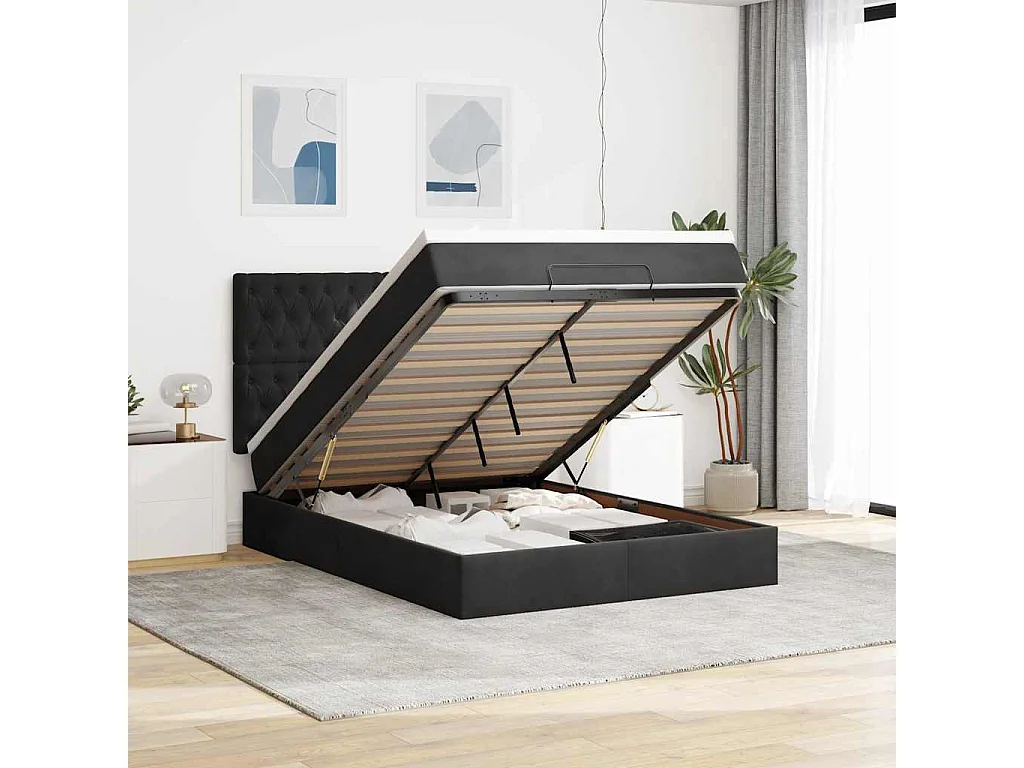 Estructura de cama otomana con colchones terciopelo negro