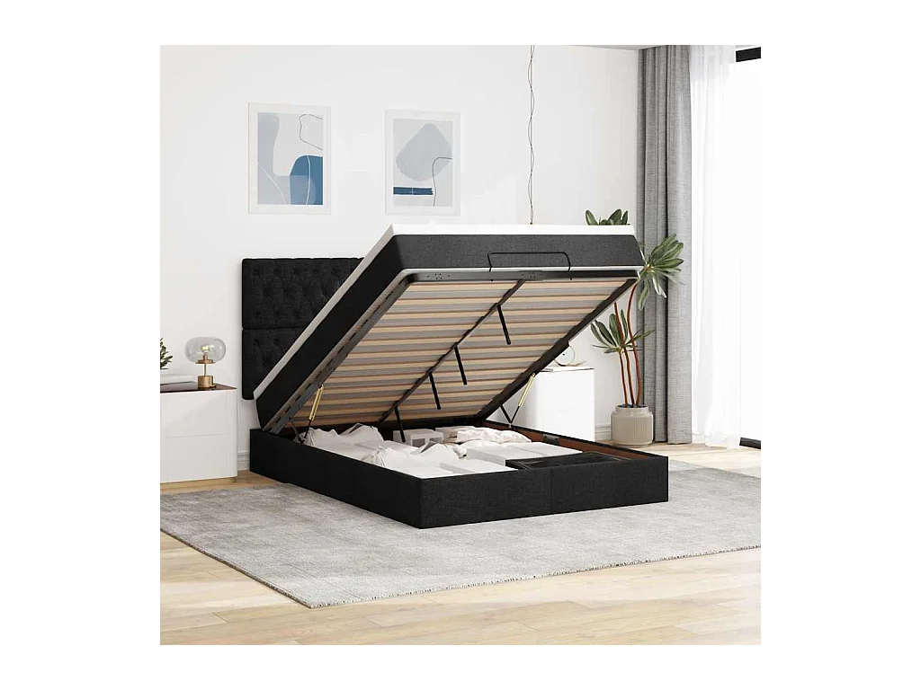 Ottoman-Bett mit Matratze & LEDs Schwarz 140x190 cm Stoff