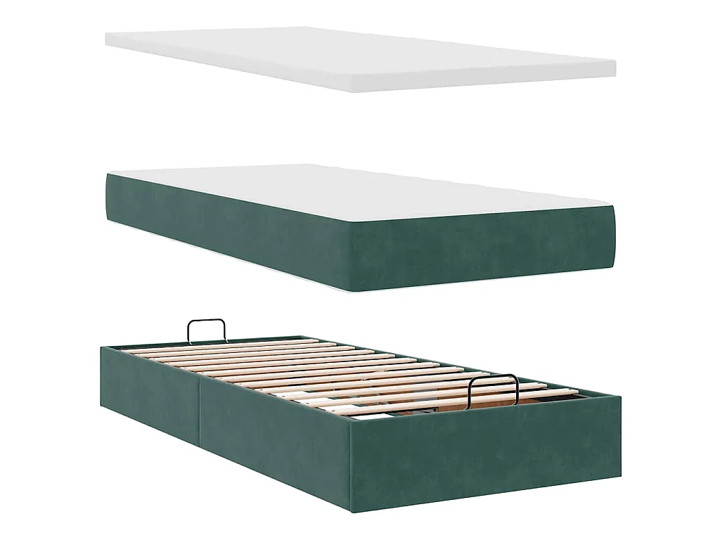 Cama otomana con colchón y LED terciopelo verde oscuro 90x200cm