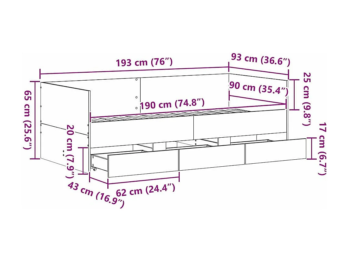 Lit d'appoint Chêne artisanal 90 x 190 cm Bois d'ingénierie
