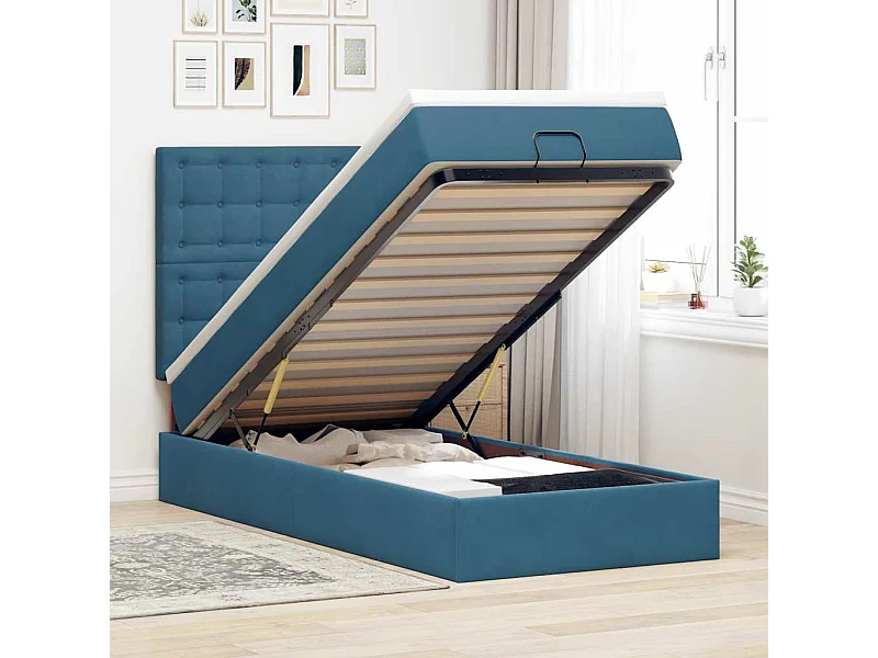 Estructura de cama otomana colchones terciopelo azul oscuro