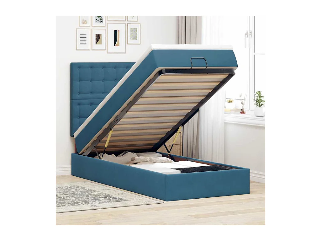 Cadre de lit ottoman avec matelas bleu foncé 100x200 cm velours