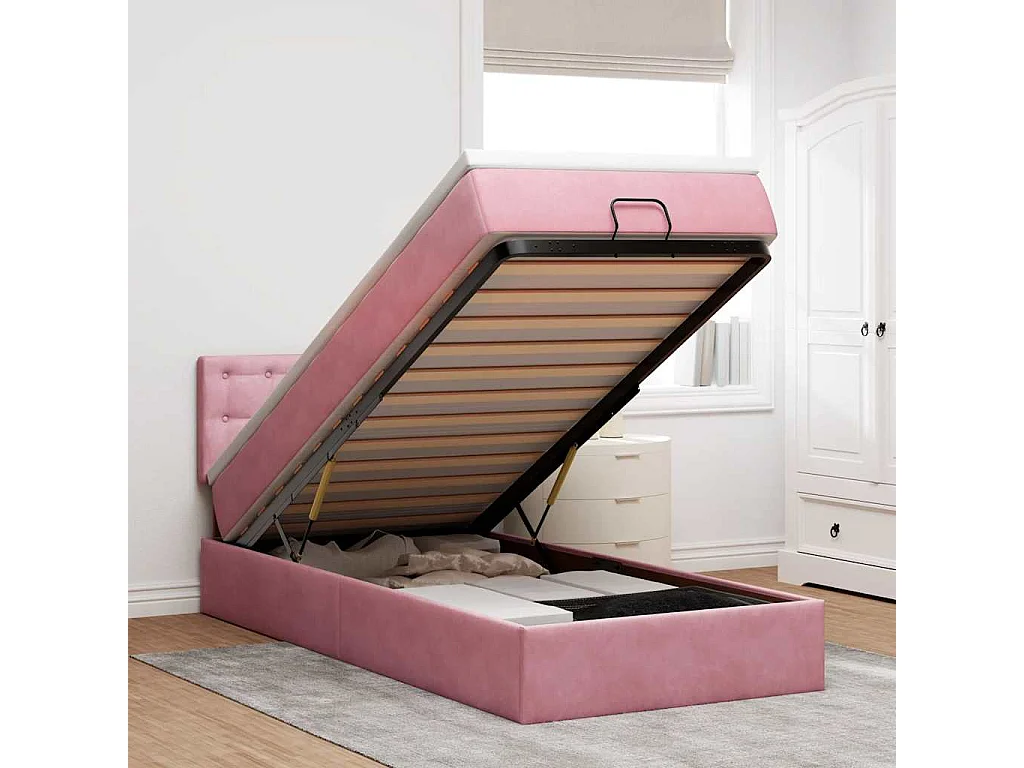 Cadre de lit ottoman avec matelas rose 90x200 cm velours
