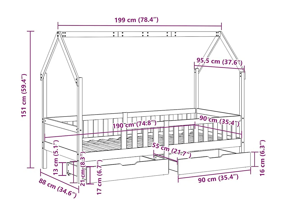 Cadre de lit enfants avec tiroirs sans matelas 90x190 cm bois