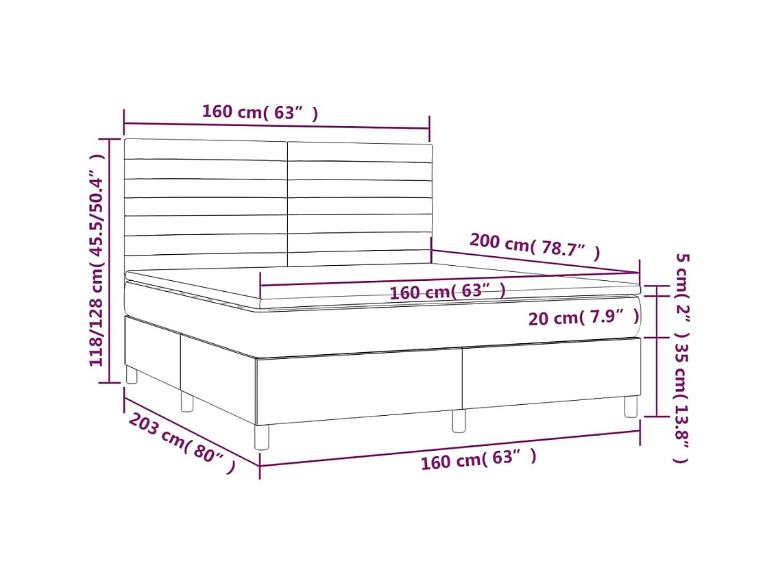 Letto a Molle con Materasso e LED Tortora 160x200 cm in Tessuto