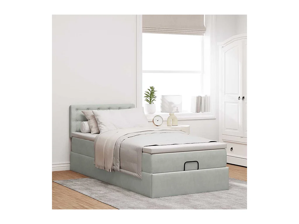 Ottoman-Bett mit Matratze & LEDs Hellgrau 90x200 cm Samt