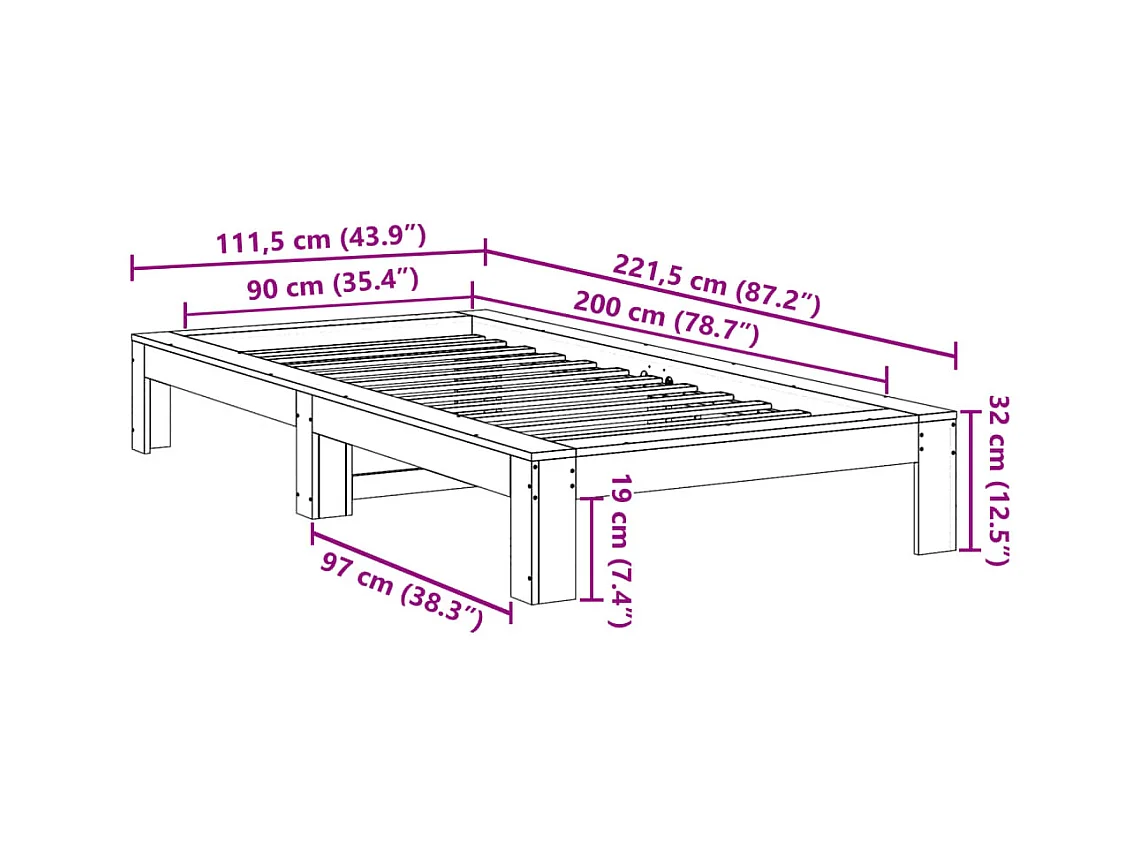 Cadre de lit sans matelas 90x200 cm bois de pin massif