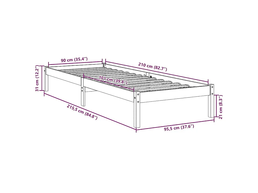 Cadre de lit extra long sans matelas 90x210 cm bois massif pin
